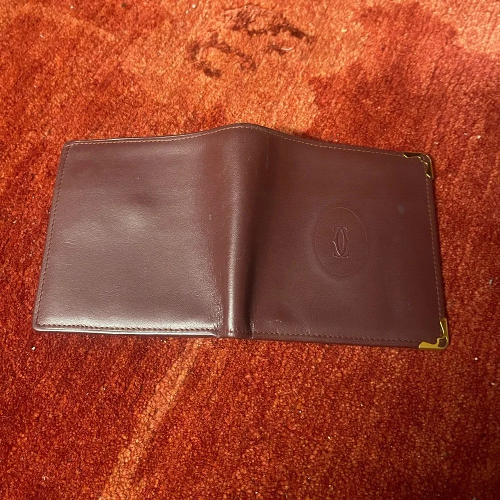Cartier Bordeaux Red leather wallet vintage square bifold compact.